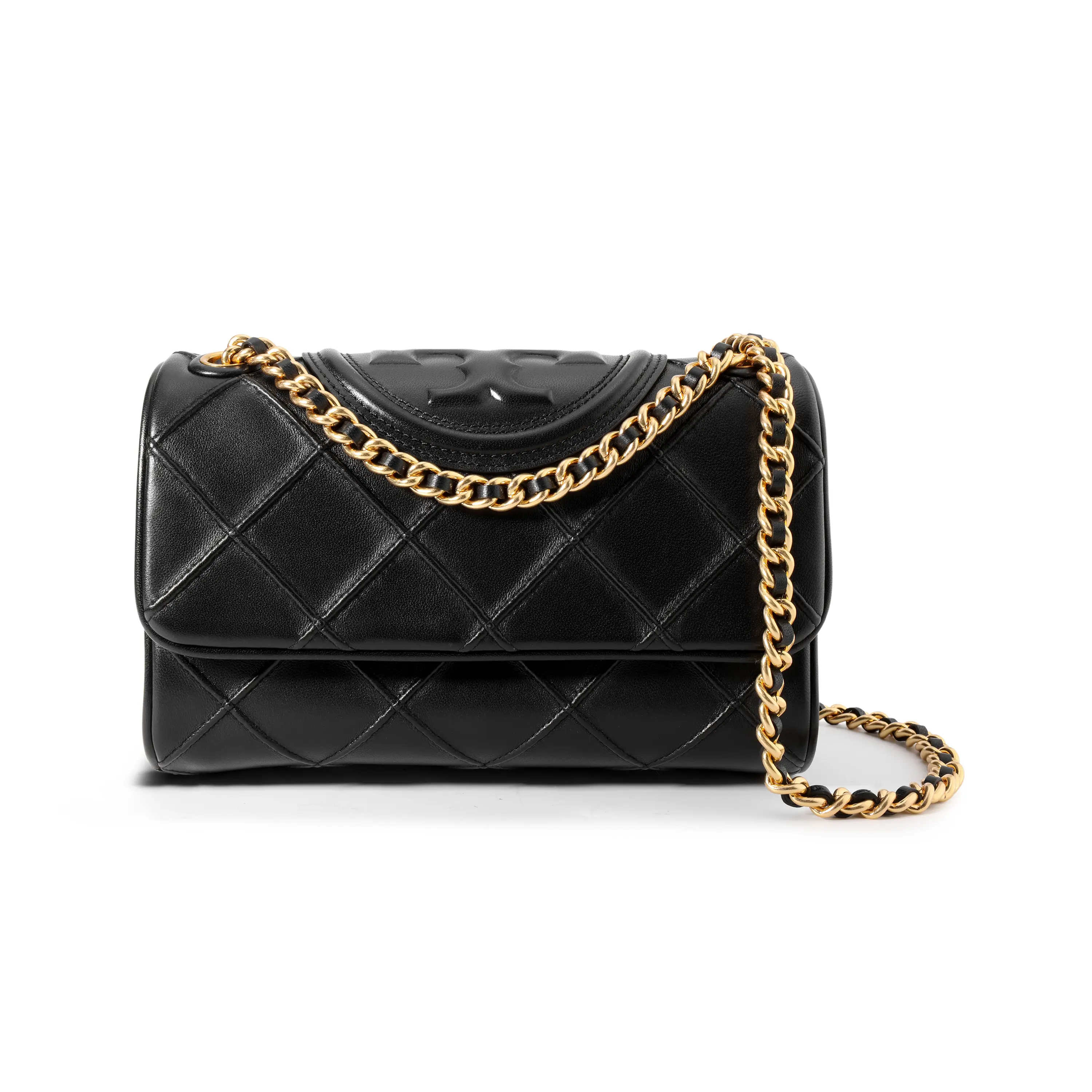 Tory Burch Fleming Structured Quilted Chain-Link Crossbody Bag for Women, Modern Soft Leather, Small Size, Black and Gold