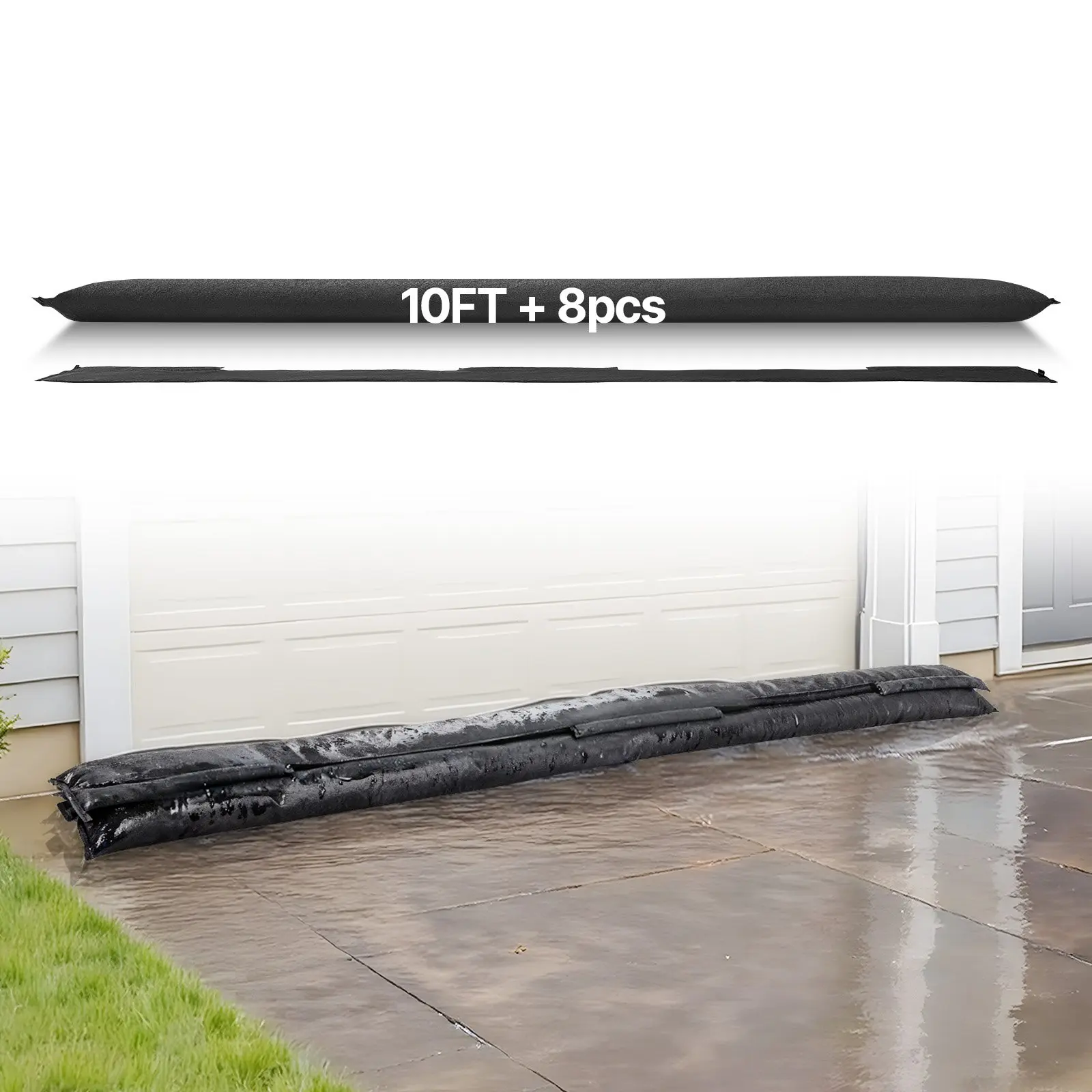 VEVOR Flood Barrier, 8 Pack, 10x 0.7 ft Flood Bags Activated by Water, Reusable Water Absorbent Barrier, Sandless Sandbags Blockage, Flooding Prevention Bags for Home, Doorway, Basement, Garage