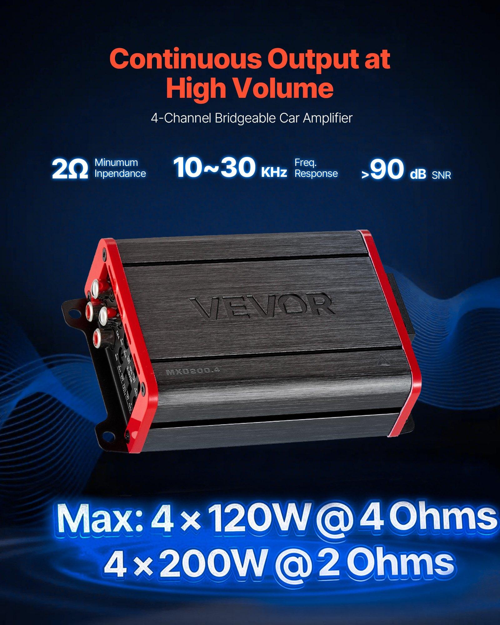 VEVOR 4 Channel Car Audio Amplifier 2 Ohm Stable Bridgeable Class D Full Range Amp Max Power 4 x 120W @ 4 Ohm / 4 x 200W @ 2 Ohm for Car SUV Truck Off-Road VEVOR 4 Channel Car Audio Amplifier 2 Ohm Stable Bridgeable Class D Full Range Amp Max Power 4 x 120W @ 4 Ohm / 4 x 200W @ 2 Ohm for Car SUV Truck Off-Road