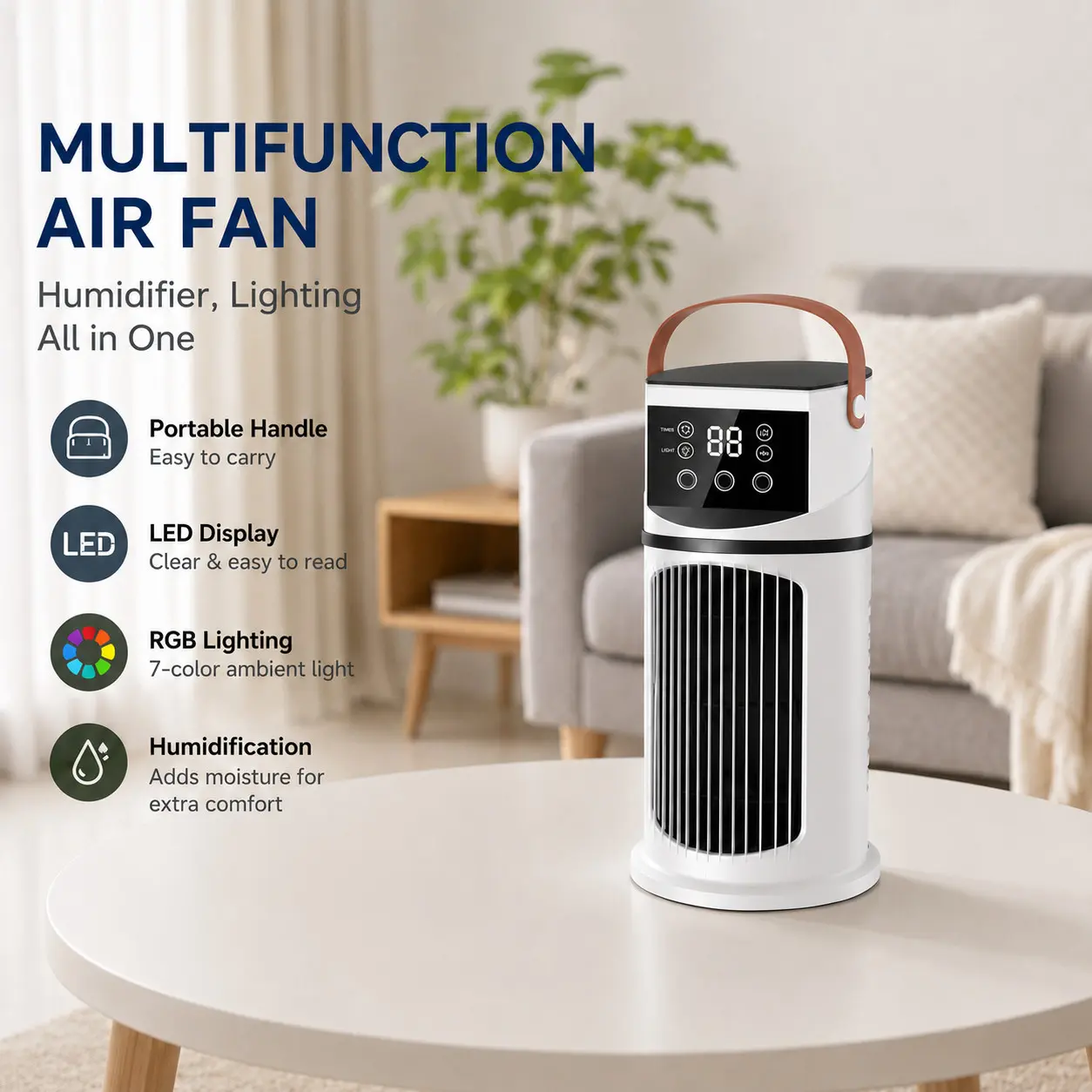 Mist Humidifier Desktop Multifunction Fan, 9 Speed Settings, 3-level spray control, Timer Function, 7 Color Ambient Light, Ice Bag Compatible, Ideal for Home, Dorm, Office