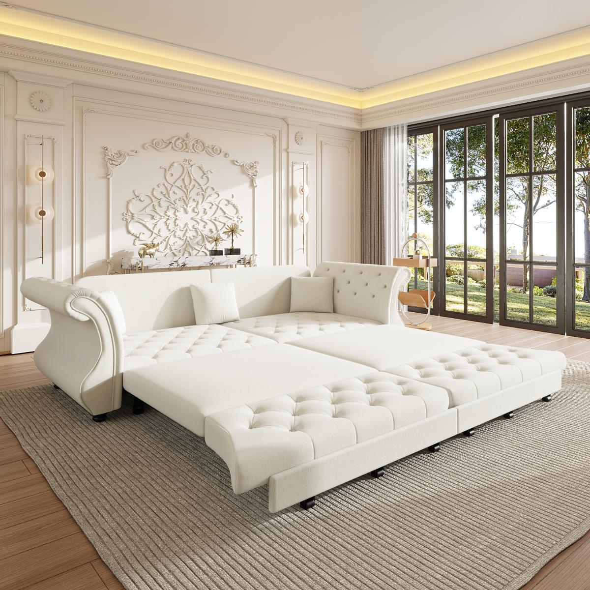 97.6" Oversized Chesterfield Pull Out Sofa Bed, Classic Roll Arm Velvet Couch with Flower Tufting, Upholstery for Living Room/Bedroom/Apartment, Beige/White 97.6" Oversized Chesterfield Pull Out Sofa Bed, Classic Roll Arm Velvet Couch with Flower Tufting, Upholstery for Living Room/Bedroom/Apartment, Beige/White