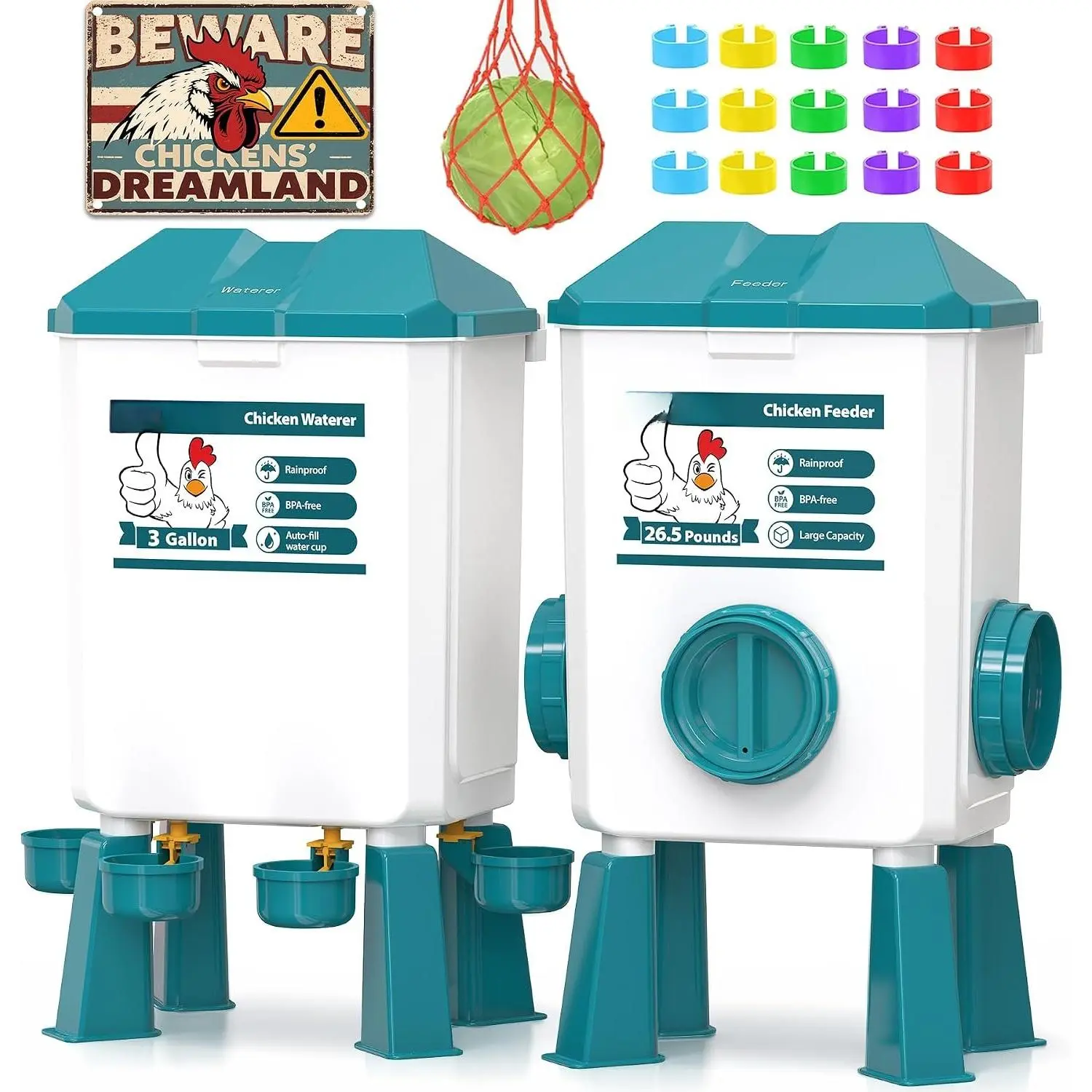 Chicken Feeder and Waterer Set - 3 Gallon/26.5 Pounds | Automatic Chicken Waterer, 4 Cups & 4 Feeder Ports, No  Poultry Feeders & Waterers, Chicken Coop Accessories for Poultry