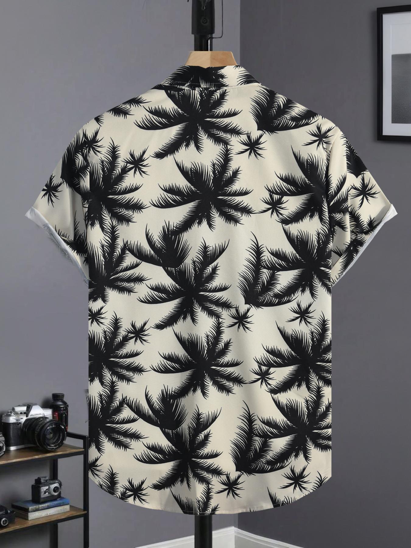 Men's All Over Tropical Palm Tree Print Button Front Shirt, Regular Fit Casual Printed Short Sleeve Collared Top for Summer, Men's Clothes for Beach Vacation