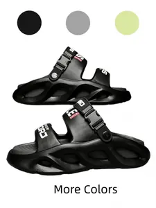 Men dual-purpose slides in three colorways with letter graphic, comfy wearproof EVA rubber sole in size 38-45, suitable for household and daily outdoor wear.