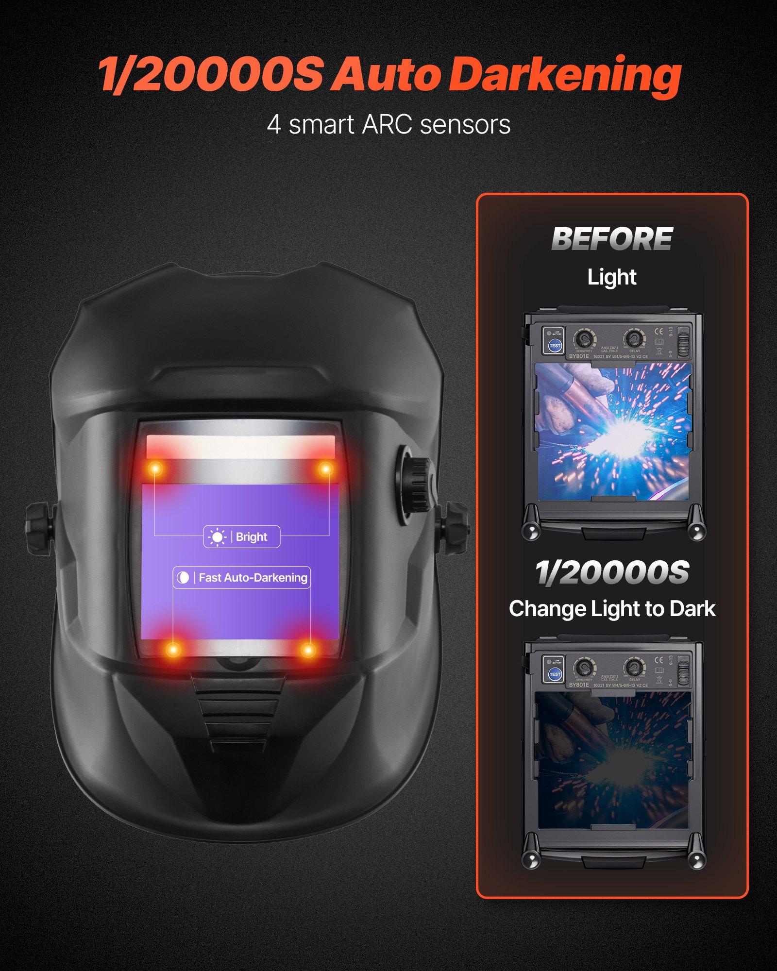 VEVOR Welding Helmet Auto Darkening, 3.94" x 3.15" True Color Welding Hood, Solar-Powered Welder Mask 4 Arc Sensors, Wide Shade 4/5-9/9-13 for TIG MIG Weld Cutting Grinding Application - METIS Series