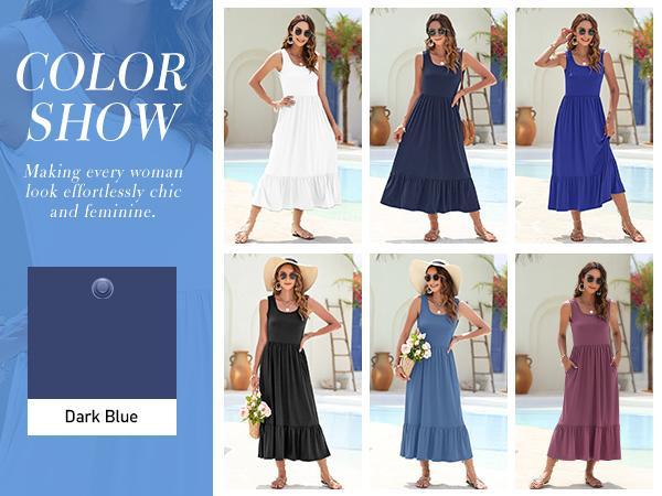 AUSELILY 2026 Womens Summer Dresses Sleeveless Maxi Dress Square Neck Casual Tiered Swing Dress with Pockets Summer Dress Sunshine Floral