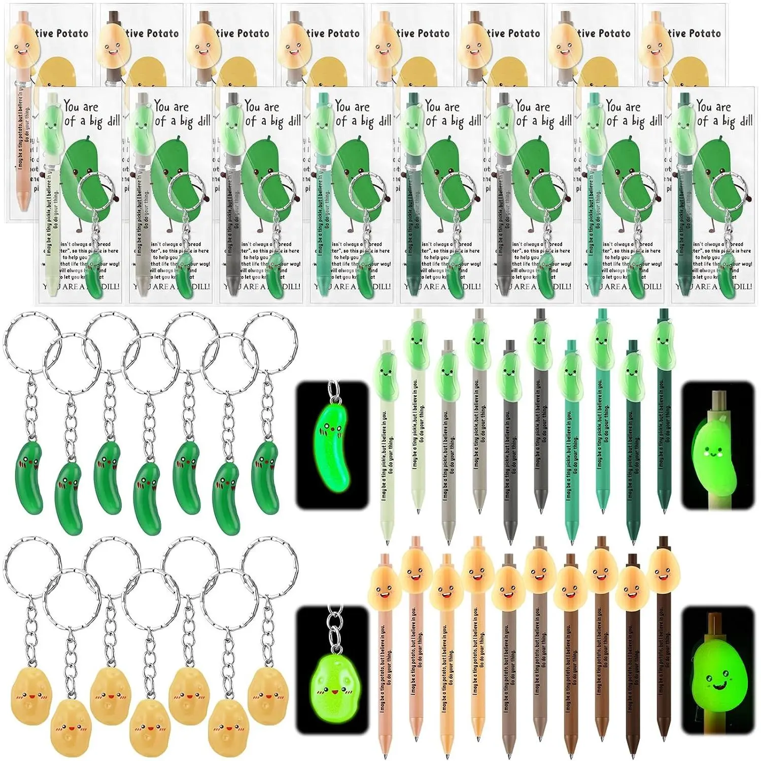 30 Sets Bulk Synthetic Pickle Pens with Keychains & Cards - Glow-in-Dark Luminescent Ballpoint Pens for Office Employee Appreciation, School Party Favors (with Cheeky Quotes)
