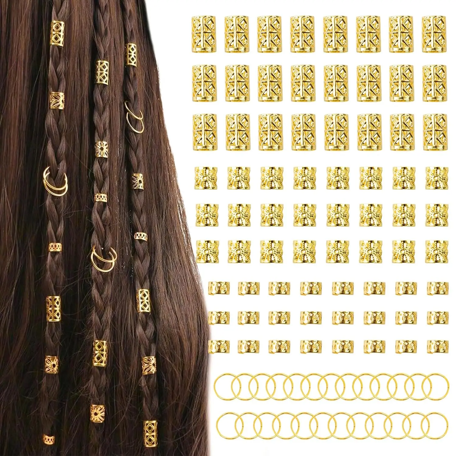 100 count  Hair  for Braids,  Hair Cuffs | 4 Styles Dreadlock Accessories, Adjustable Metal Hair Clips, Hair Rings Braiding Decorations for Women Men