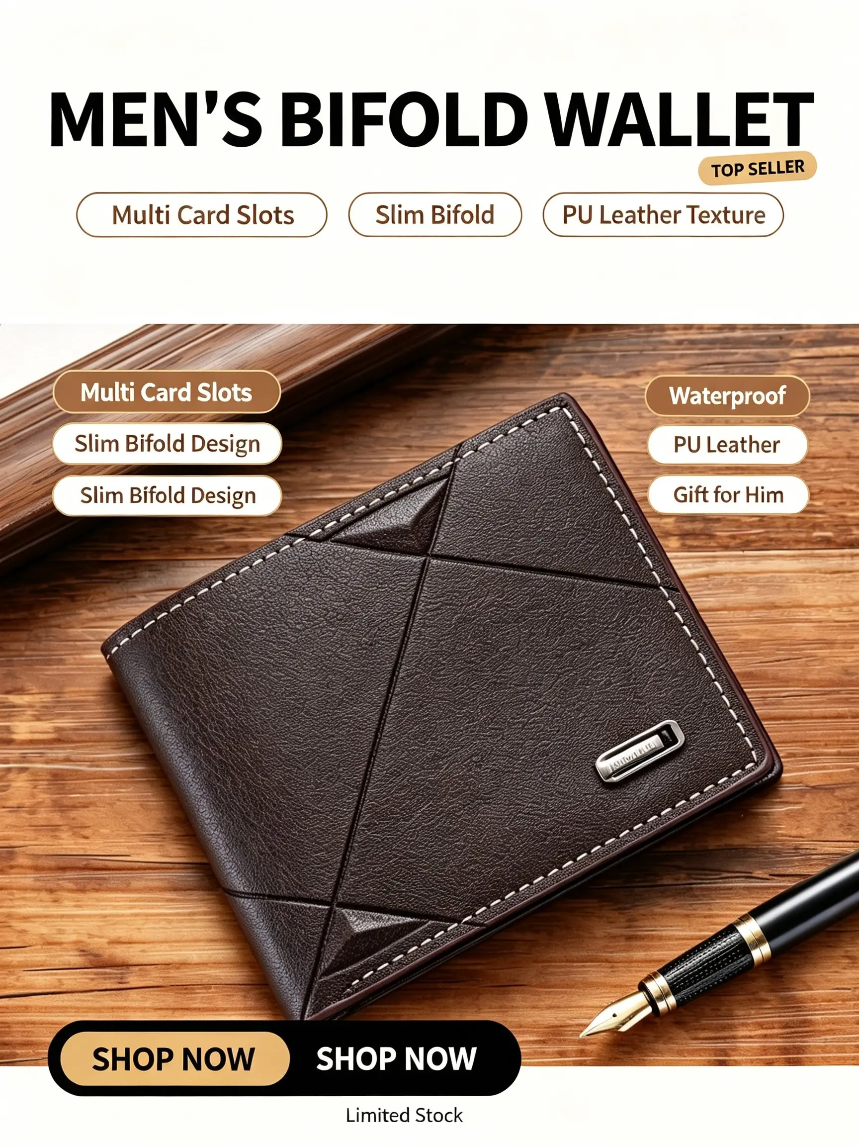 Business Men's Bi-Fold Wallet, Geometric Patchwork Short Wallet, Multiple Card Slots, Cash Pocket, Simple and Slim Design