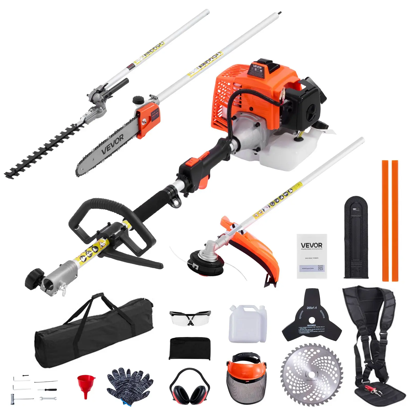 【toolupgrade】VEVOR Gas-Powered Handheld Hedge and String Trimmer, 63cc Engine 5-in-1 Multi-Tool Set with Brush Cutter (3T 40T Blades), Pole Saw and Protective Gear