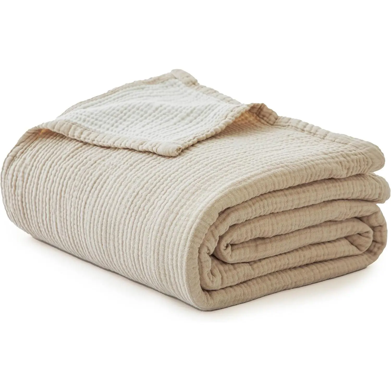 Pleated Cotton Muslin Gauze Blanket Twin Size (68"x86", Beige) - 4-Layer Lightweight Breathable, Home/Outdoor General Use Bedspread Coverlet for Bed Camping, Gauze Weave