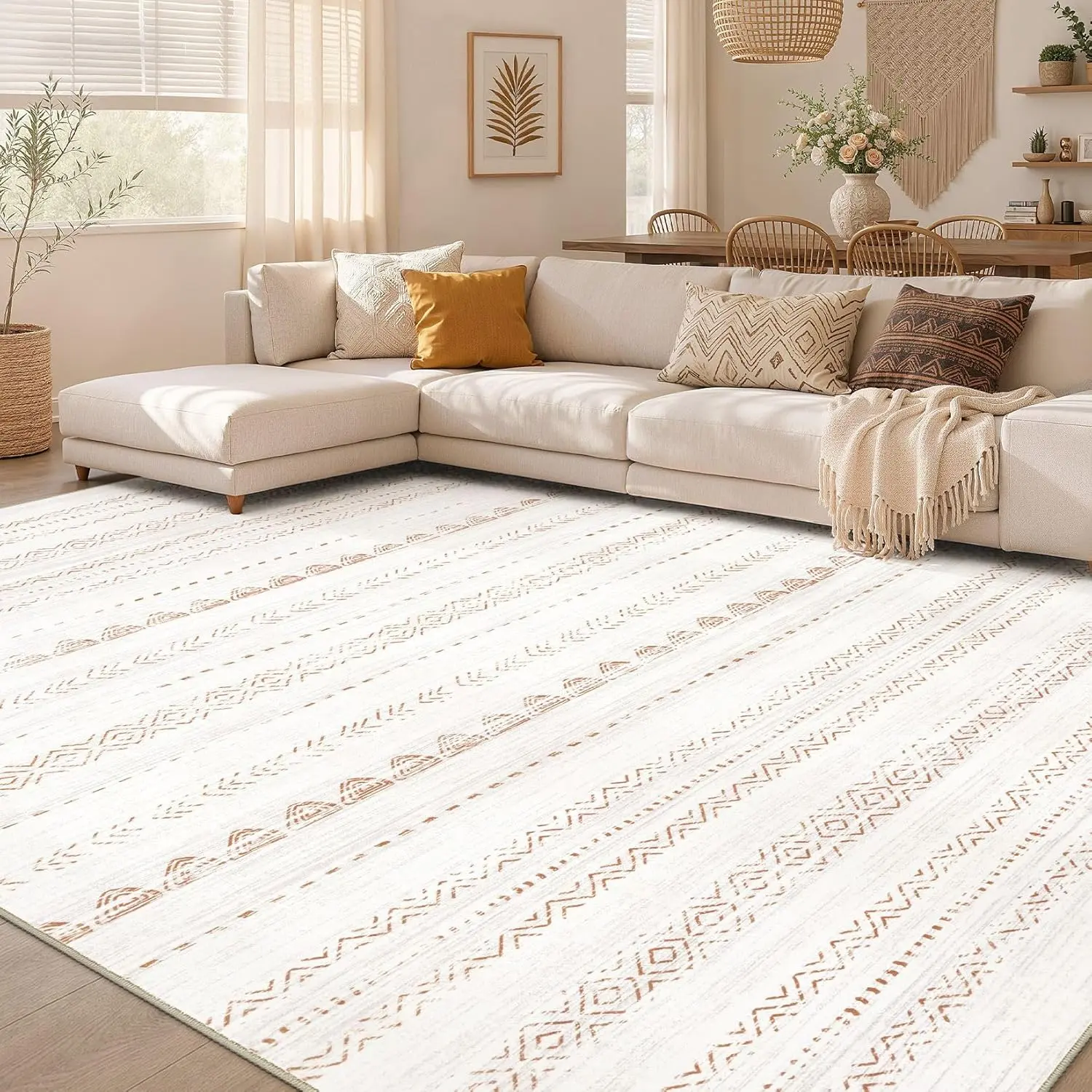 5x7 Polyester Geometric Boho Moroccan Area Rug - Large Soft Machine Washable Neutral Stain Resistant Indoor Carpet for Living Room, Bedroom Home Decor - Brown
