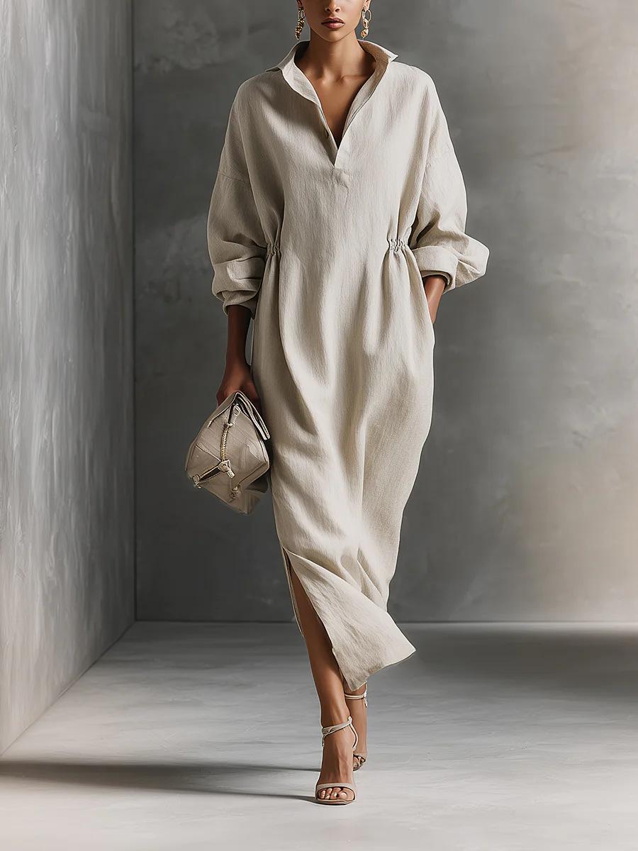 Minimalist Linen Shirt Dress - Perfect for Office, Brunch & Vacation! Oversized Collared Drawstring Waist Casual Dress # ShirtDress # OversizedDress # CasualDress # SummerDress # MinimalistFashion # MidiDress # DressesForWomen # Outfit of the Day