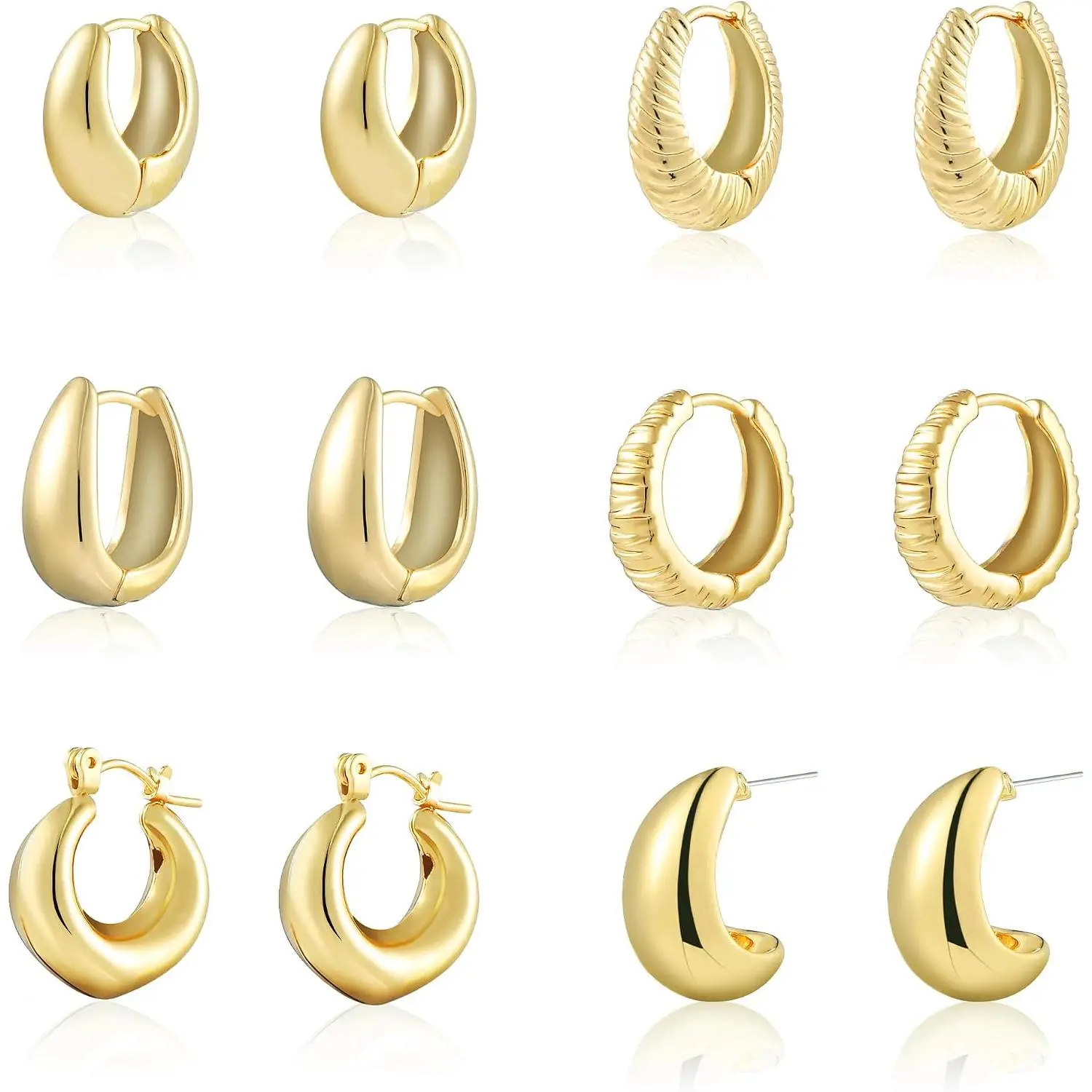 6 Pairs  Hoop Earrings Set for Women , 14K  Plated Lightweight Chunky Small Huggie Hoops Earrings Stacks for Multiple   Gifts.