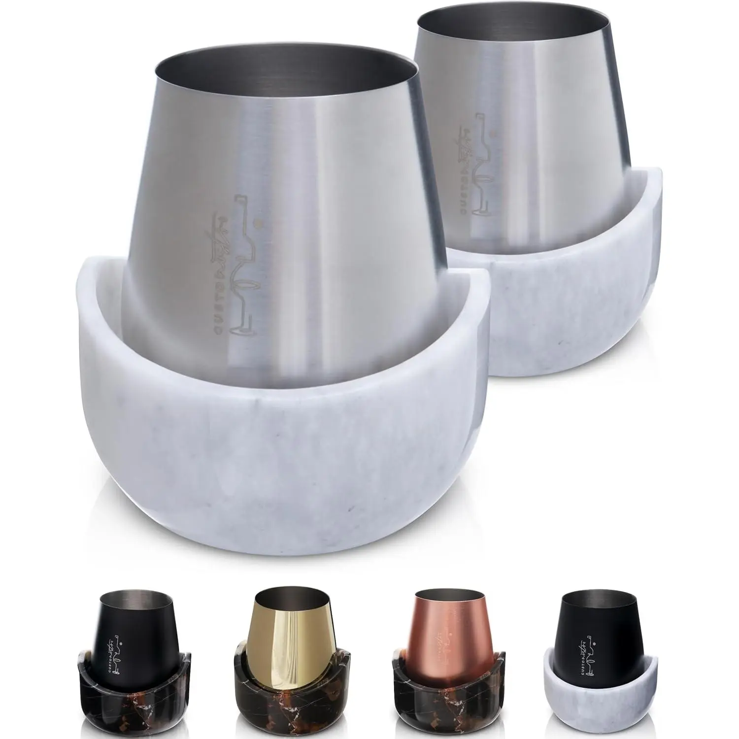 White Marble  Chiller for Glass and Stainless Steel Tumbler Set of 2 - Freezable  Glass Chiller Holder - Cool Set of Chillers and Stemless Metal  Tumblers for HomeBar ()