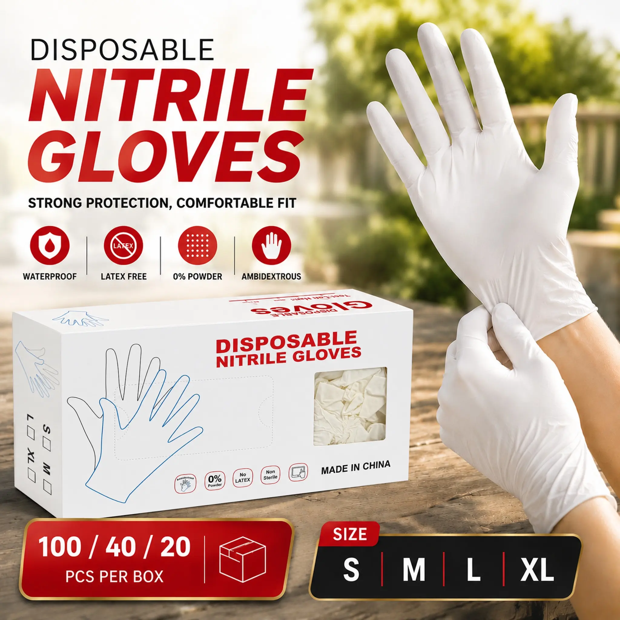 White nitrile gloves, latex-free design, lightweight and comfortable with stain-resistant durability. Suitable for kitchen organizing, bathroom cleaning, plant care, desk sorting, DIY crafts, jewelry arranging, closet storage, keyboard cleaning