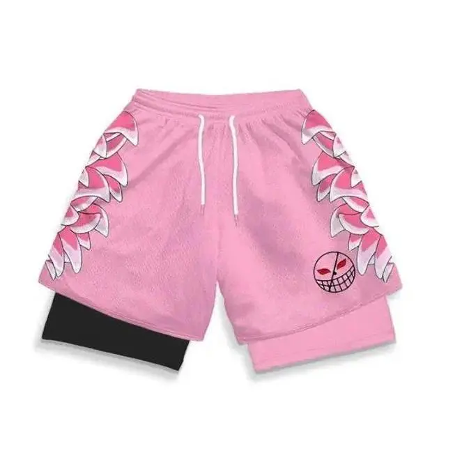 Unisex Loose-Fit Performance Shorts with Anime Print, Double Layer Polyester for Summer Gym Workouts, Fitness Training & Basketball, Athletic Graphic Men's Sports Shorts