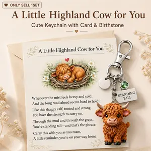 A Little Highland Cow For You Keychain, 2026 New Cute 3D Highland Cow Keyring with Birthstone & Sentiment Card, Western Backpack Bag Charms Birthstone Emotional Support Gifts for Women, Friends Family, Cute Keychains