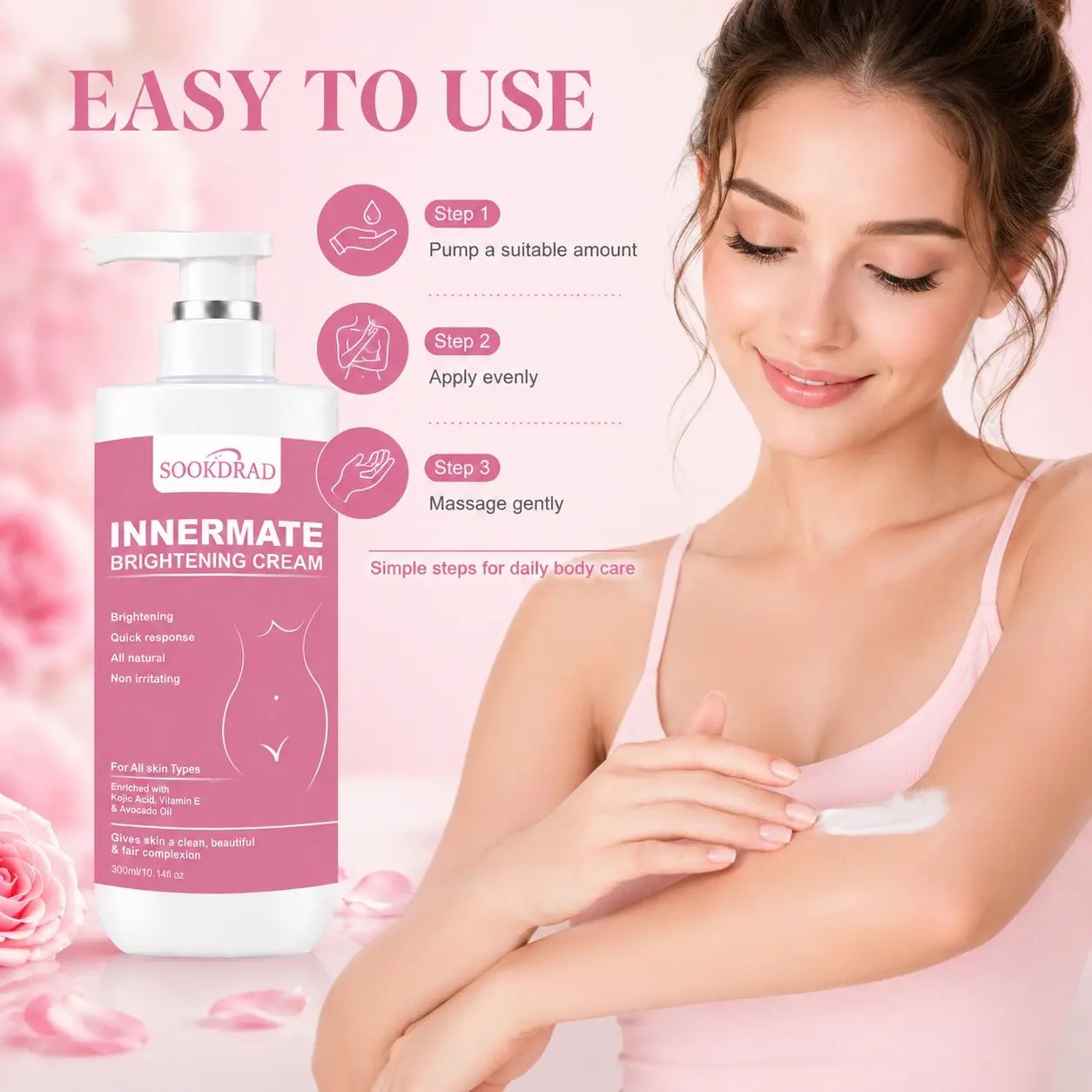 Inner Mate Brightening Cream, enriched with Kojic Acid, Vitamin E, Avocado Oil, brightening, quick response, all natural, non irritating, for intimate areas, suitable for all skin types, provides