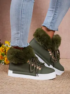 Women's Warm Faux Fur Lined Winter Sneakers, High Top Lace-Up Platform Boots, Sexy Style, Above Ankle, Rubber Sole, Plain Pattern
