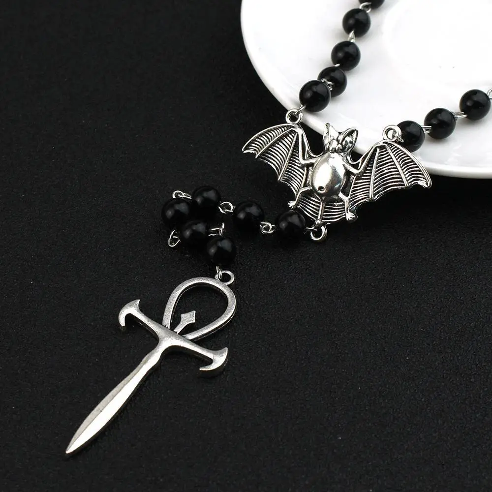 Unisex Long Length Gothic Vampire Ankh Symbol Beaded Necklace - Handmade Egyptian Occult Jewelry with Crystal Beads, Punk Bat Cross Pendant, Suitable for Everyday Use, Unisex Wear