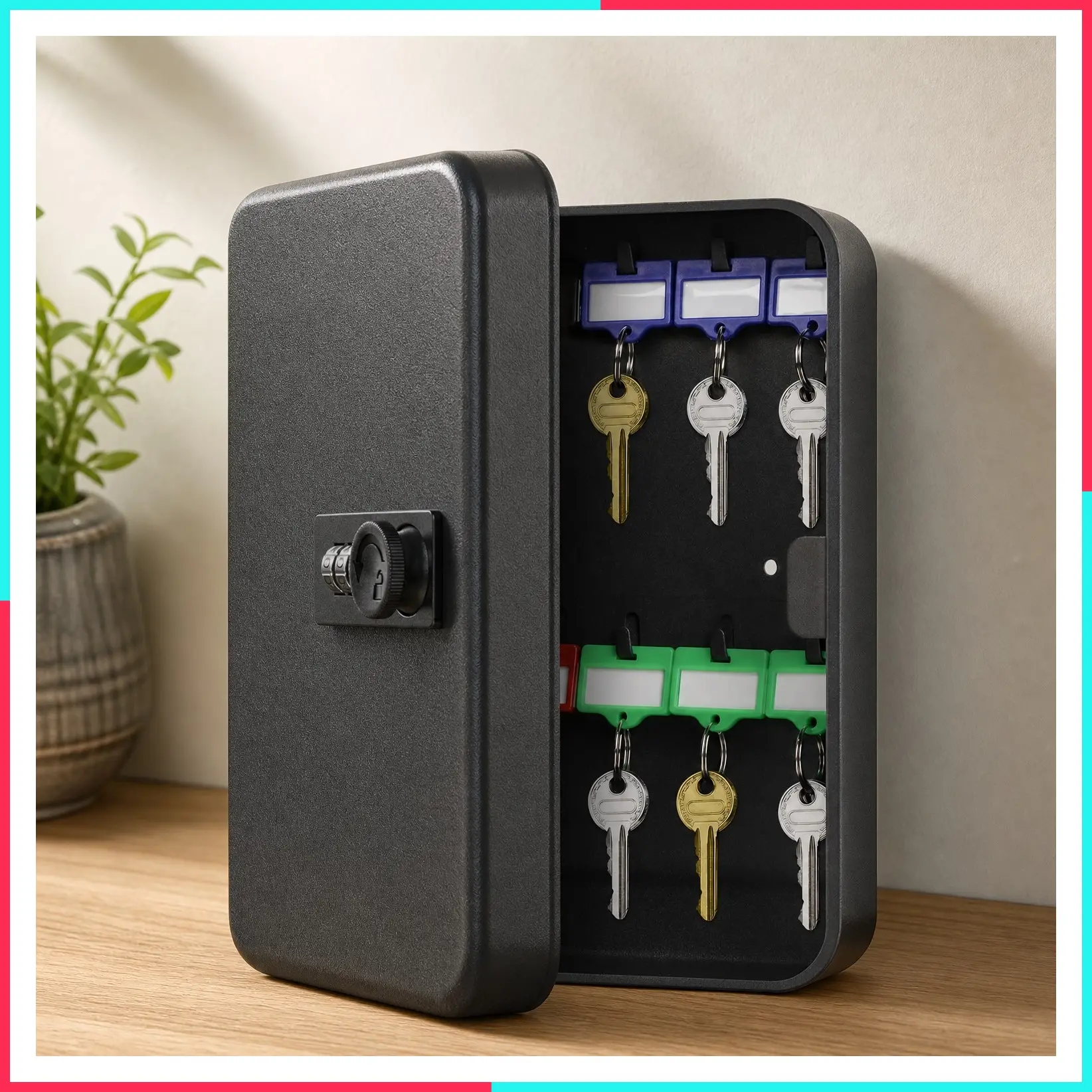20-Key Steel Key Cabinet with Resettable Combination Lock, Black - Wall Mount Security Key Box for Home, Office, School & Business Use