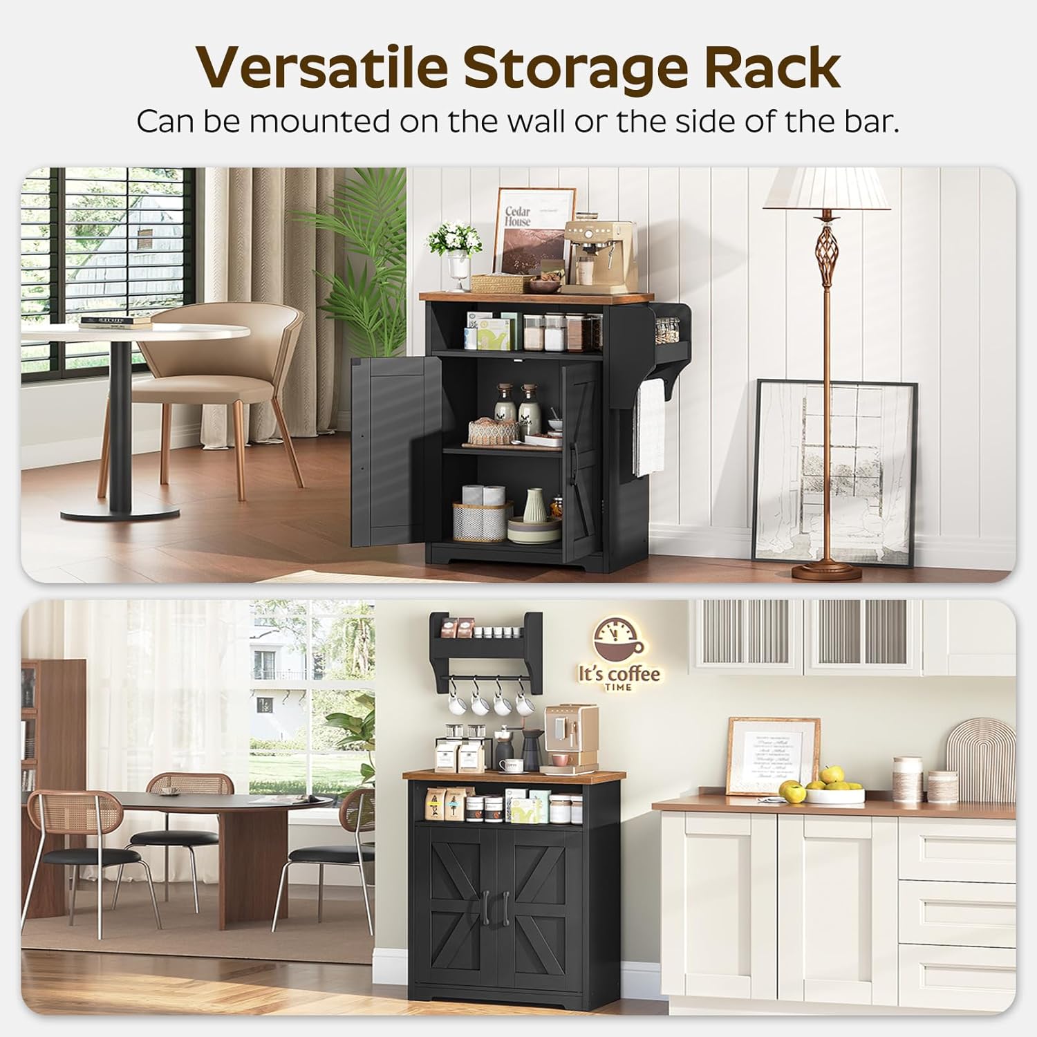 Coffee Bar Cabinet, Kitchen  with Storage, Farmhouse Sideboard Buffet Cabinet with Dual-Purpose Floating Shelf and Hooks, for Restaurant, Living Room, Rustic Brown KF22BR