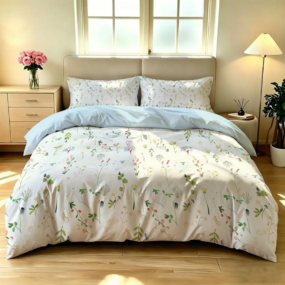 3-piece duvet cover set (1 duvet cover+2 pillowcases, no core) hand-painted colorful wildflowers, branches and leaves, small floral prints suitable for bedding duvet covers such as homestays, hotels, bedrooms, etc