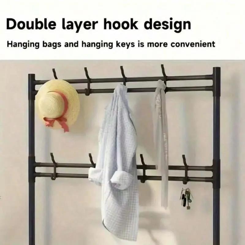 Coat Rack Shoe Rack With Storage Shelf Freestanding with8 Hooks for Entryway Bedroom Closet 5 Tier Black ModernDesign