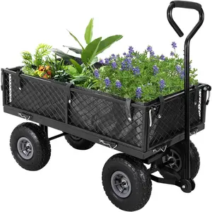 Steel Garden Cart, 500 Lbs Heavy-Duty Garden Wagon Cart Pullable on Wheels,Folding Yard Utility Wagon Carts with Removable Mesh Sides, Liner, 2-in-1 Pull Handle, for Lawn, Yard, Farm & Outdoor Tasks, Black/Green