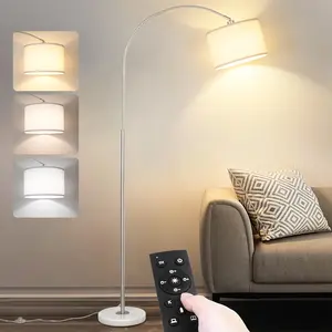 Arc Floor Lamp with Remote, Modern Standing Lamp for Living Room with Stepless Dimmable Bulb, Drum Shade, Foot , Tall Floor Lamp for  Bedroom Night Stand (Sliver)