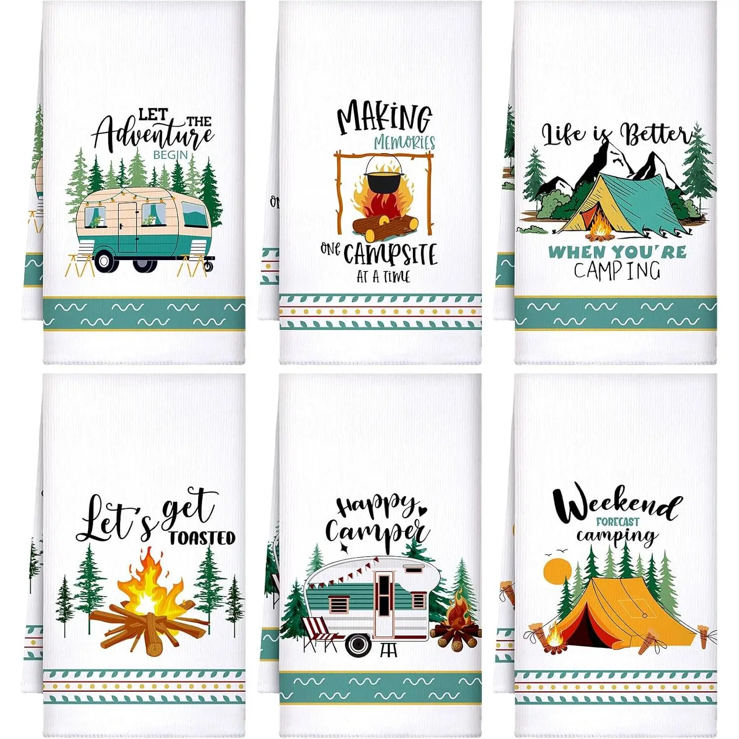 Summer Camping Boyiee Set of 6 Camping Kitchen Towels White Absorbent Dishcloth Bonfire Tent Car Tea Towels 24 x 16 Inches with Fun Sayings Novelty Gifts for Campers Happy Camper Camping Accessories for Rv Campers