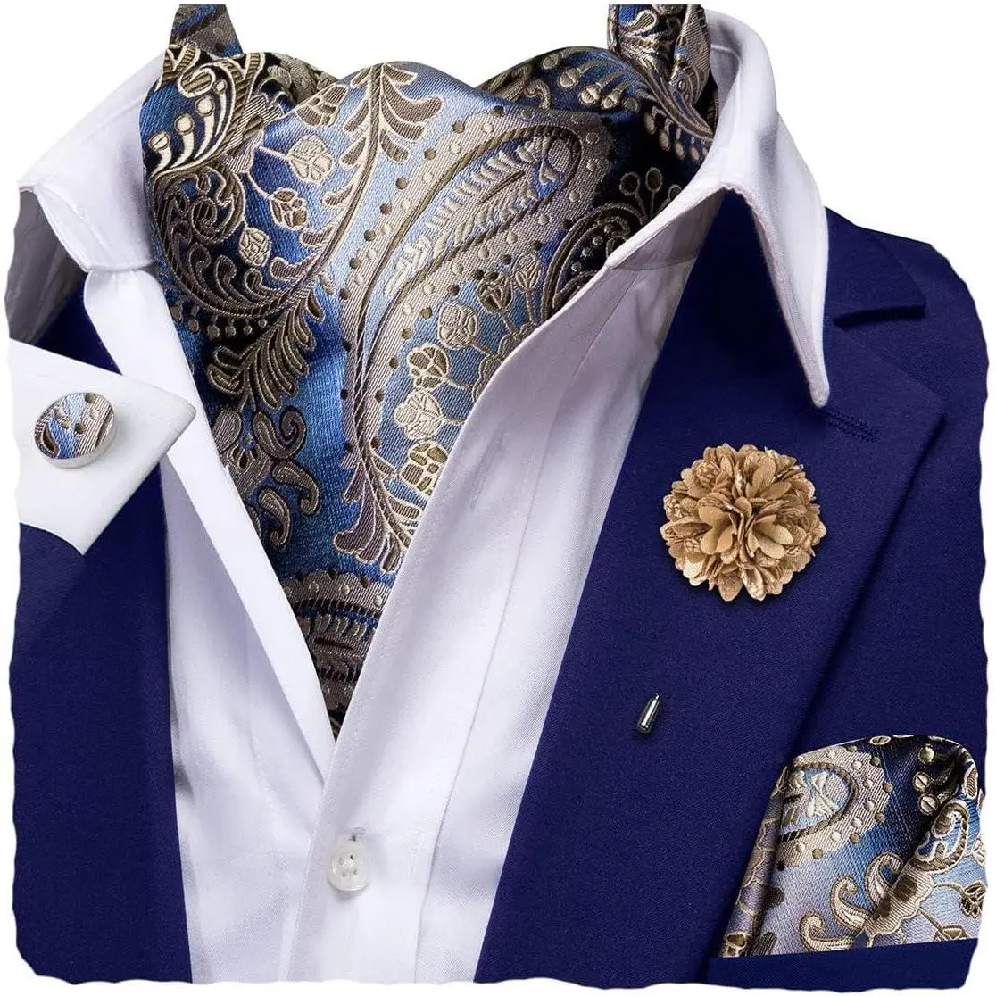 Hi-Tie Silk Ascot for Men Self Tie Men's Cravat and Flower Lapel Pin Handkerchief Cufflinks Set for Wedding Party