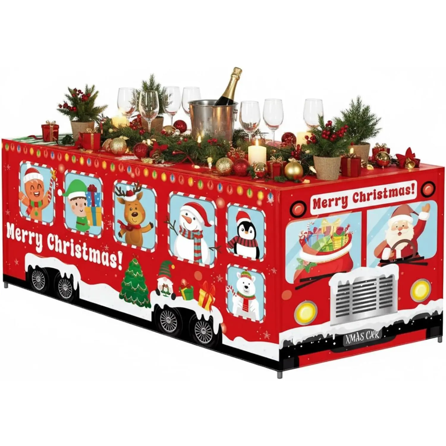 Peryiter Christmas Fitted Rectangular Tablecloth, 67x30x30" Waterproof Polyester Table Cover with Santa Claus Bus Motif, Washable Reusable Table Covering for Winter Holiday Party Decor Dining Supplies