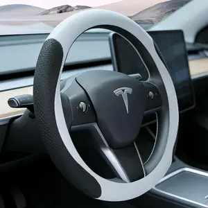 White Tesla Nappa Leather Steering Wheel Cover, Model 3/Y Accessories, Comfort Grip, Anti-Slip Breathable, Compatible with Tesla Model 3/Y Steering Wheel Protector