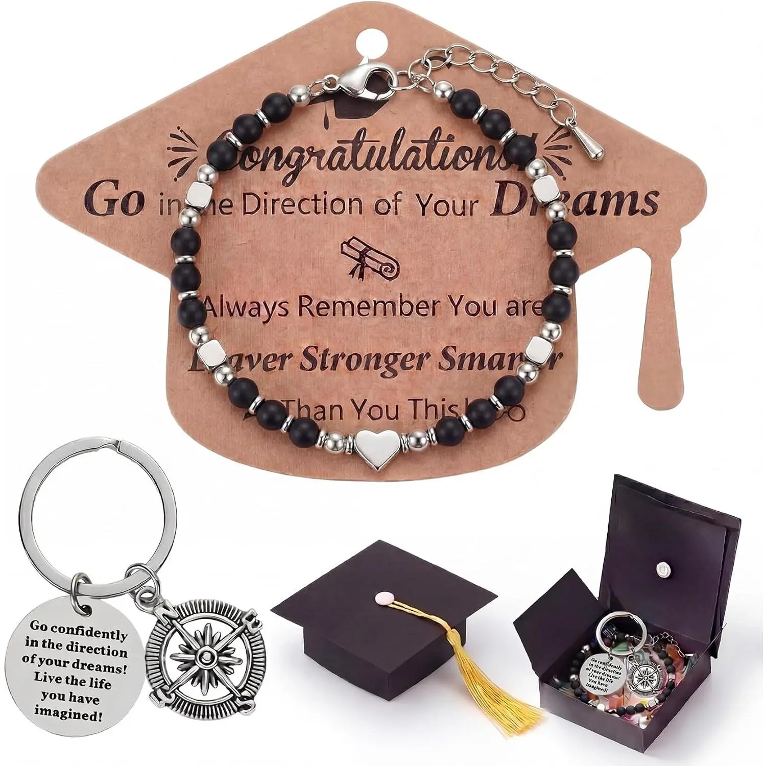 4 count 2026 Graduation Bracelets  for Her  Adventure Begin Bracelets Compass  Grad Cap Box for Women