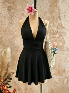Deep V Neck Ruched Skirt Swimsuit, Conceals Belly Fat, Flowy Skirt Pants One-Piece Swimwear, Beach Vacation Slimming Hot Spring Swimsuit