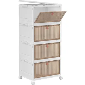 4 Tier Plastic Storage Bins with Lid 28QT - Stackable Storage Containers with Wheels, Folding Storage Boxes, Collapsible Storage Bins, Closet Organizers and Storage
