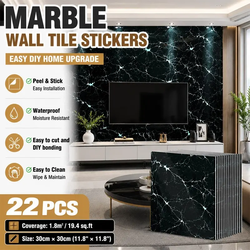 22 Piece 30x30cm Marble Interior Wall Stickers, Waterproof Oil-Resistant Self-Adhesive Tiles, Easy Cut, No Drill, Ideal for Kitchen & Bathroom