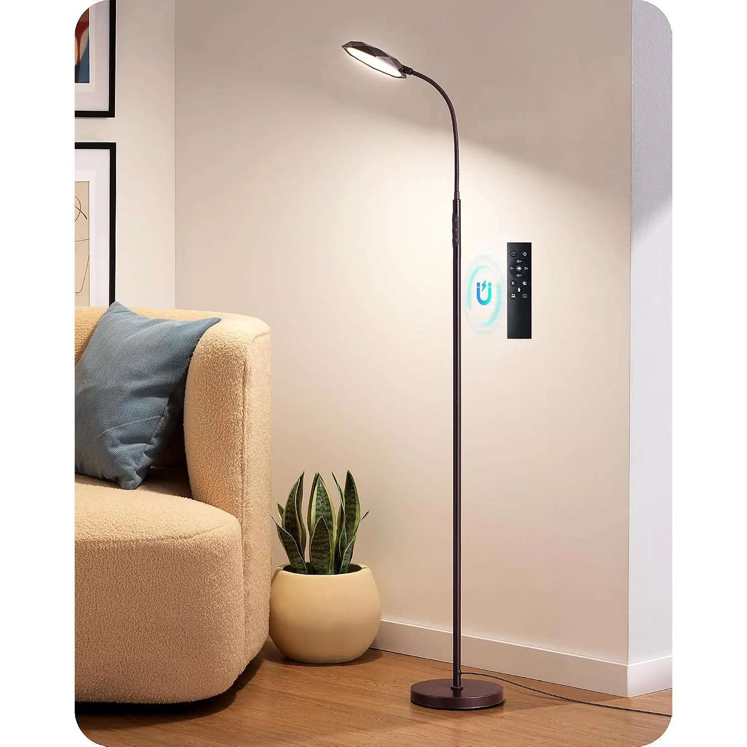 Modern LED Floor Lamp, 1300LM Bright Floor Lamps for Living Room, 4 Color Temperature Dimmable Reading Lamp, Remote & Touch Control, 2 Timer, Adjustable Gooseneck for Bedroom Office Brown