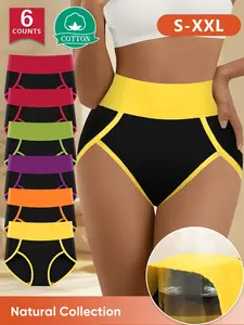 【Soft Cotton】6-Pack Morelect Colorblock High-Waist Women's Underwear, Breathable Leak-Proof Comfortable Triangle Panties, Sizes S-Xxl