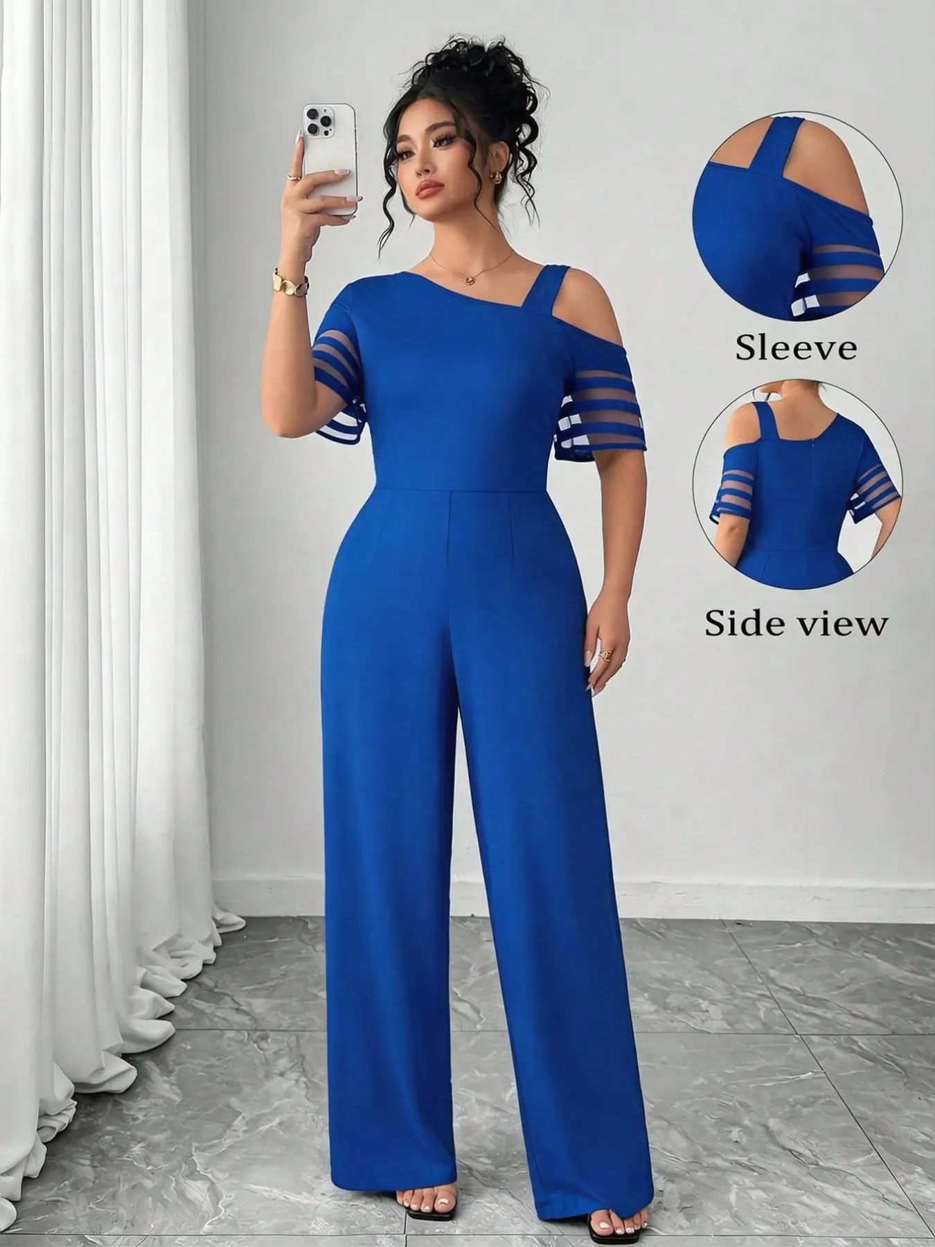 Plus Size Jumpsuit for Women, Solid Color Asymmetrical One Shoulder Oversized Loose Wide Leg Jumpsuit, Casual Minimalist Elegant Chic Outfit