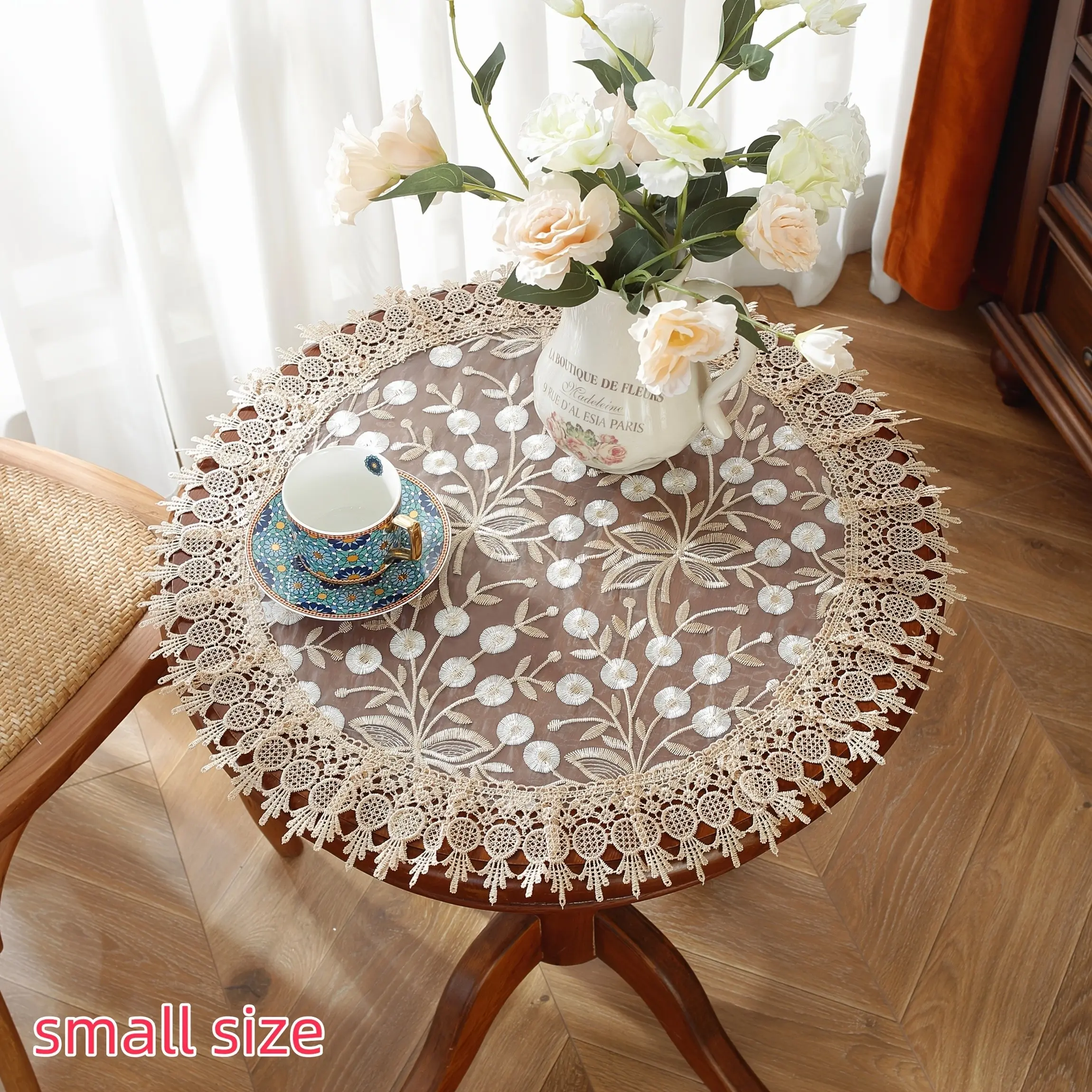 Round Tablecloth, Polyester Organza Material, Elegant Embroidered Lace Trim, Floral Design, Home Decor, Party, Wedding, Decorative Tablecloth