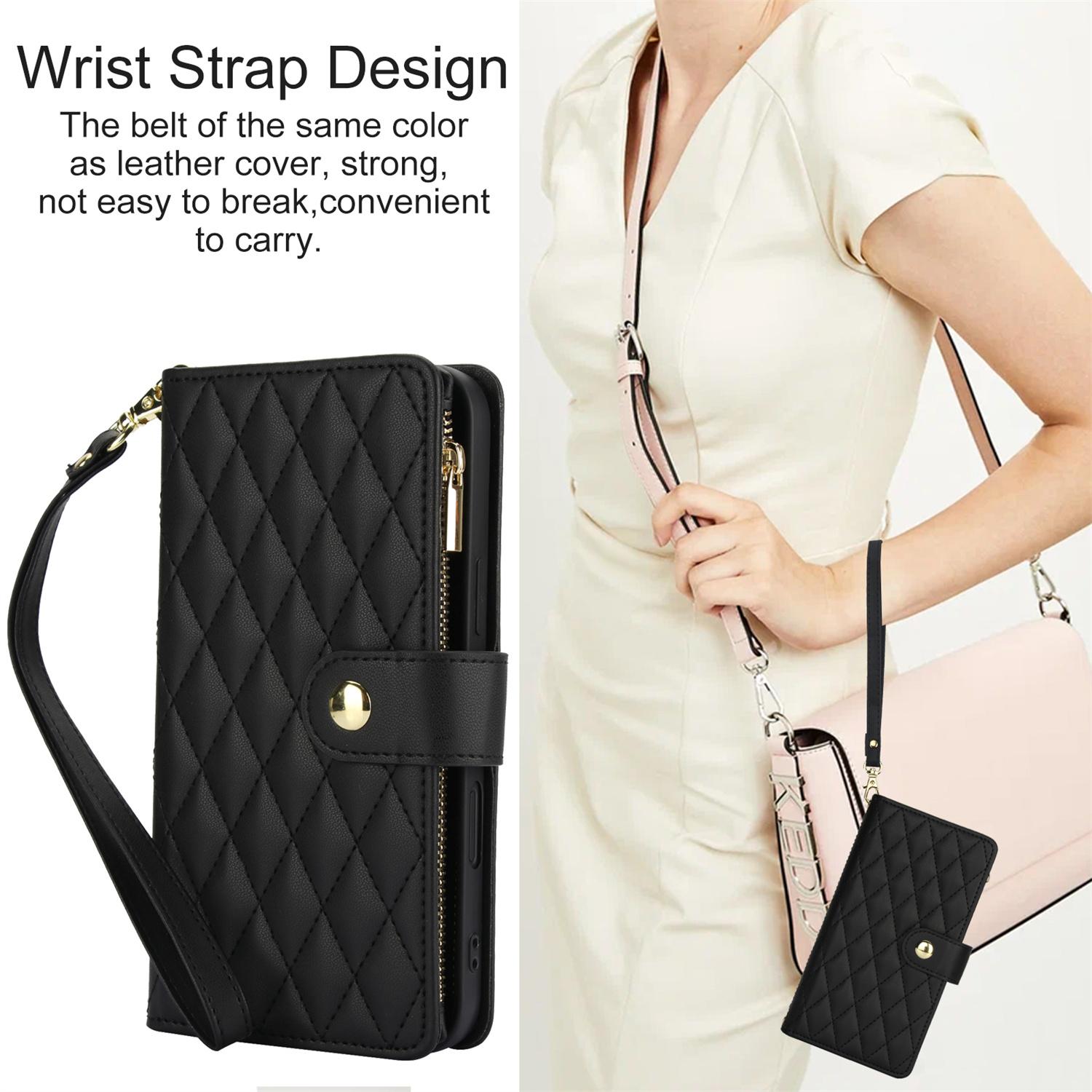 Quilted Pattern Phone Case with Card Holder, Adjustable Crossbody Zipper Purse Case with Kickstand and Detachable Wrist Strap, Flip Folio Case for iPhone 17 Air/16e/16/15/14/13/12/11 Pro Max