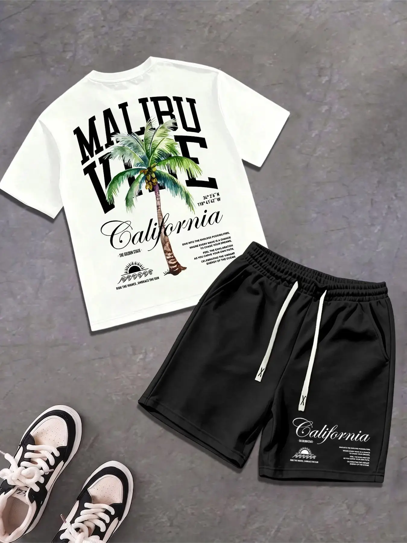 Men Crew Neck Short Sleeve Tee & Drawstring Shorts 2Pcs Summer Set, Front Mini & Back Large Malibu California Tropical Palm Tree Letter Print Soft Loose Beach Casual Outfit #CaliforniaBeachSet #PalmTreeTeeSet #SummerVacationMatchingSet