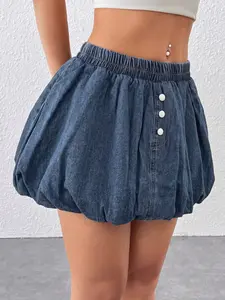 Summer Bubble Skirt for Women, Elastic Waist Denim Mini Dress, Front Button Puff Lantern Half Skirt, Loose Solid A-Line Skirt, Y2K Style