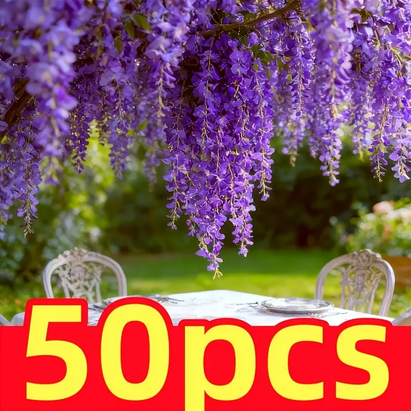 50 Branches Artificial Purple Wisteria Flowers, Dense Faux Wisteria Hanging Vine Garland, Outdoor Fake Floral Vine Decor Artificial Flower Decoration for Wedding, Valentine's Day, Hotel, Party, Garden, Indoor Home Ornament