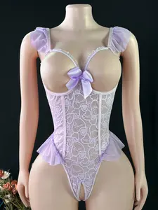 Women's Sexy Jumpsuit Sleepwear, Lace Trim Vacuum Mesh Design, Slim Fit, Perfect for Parties & Gifts, Elegant Nightwear Set