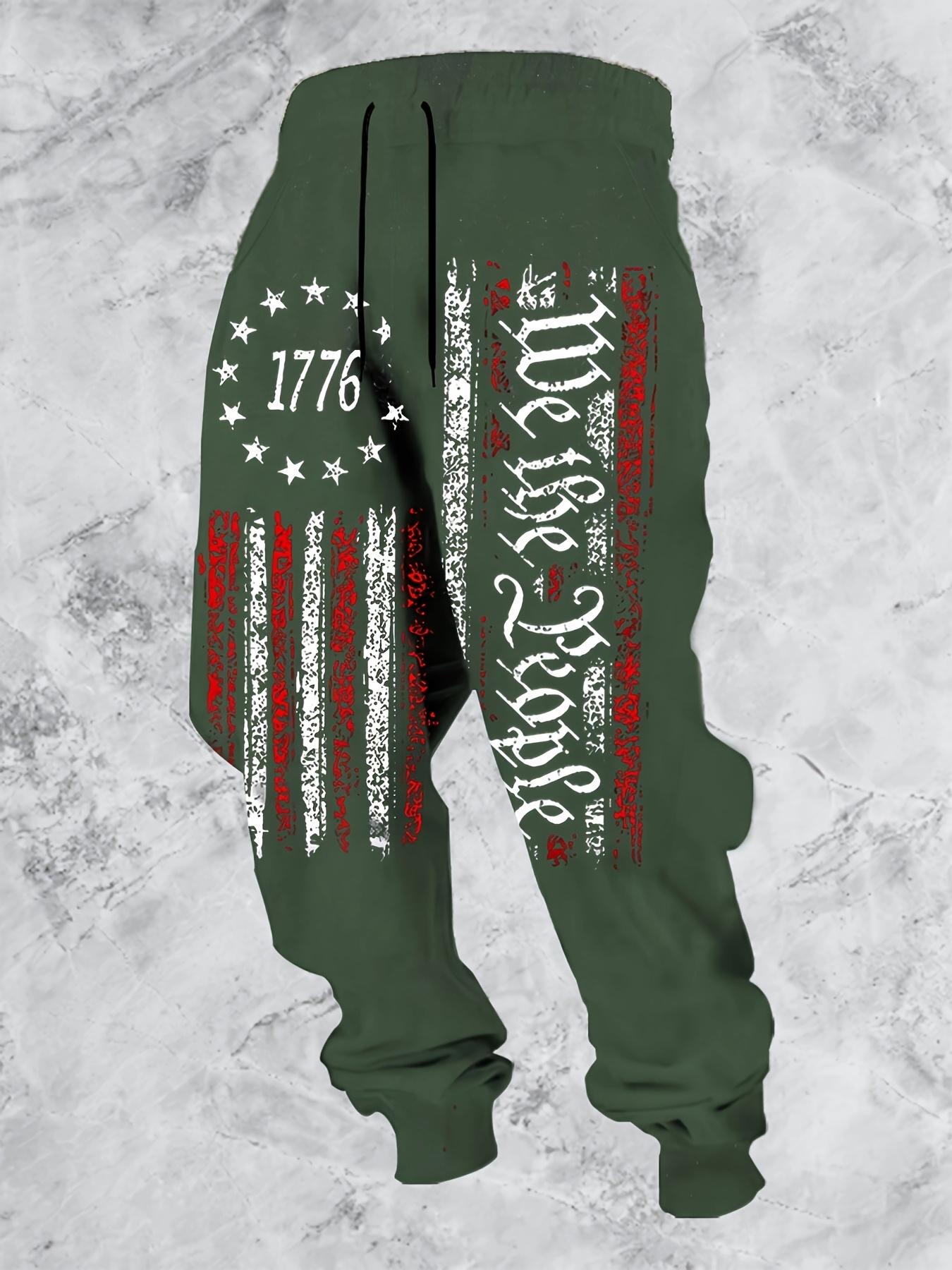 Men's patriotic 1776 flag and Declaration of Independence printed running pants - casual sports ankle pants with drawstring, machine washable polyester fiber, perfect for celebrating