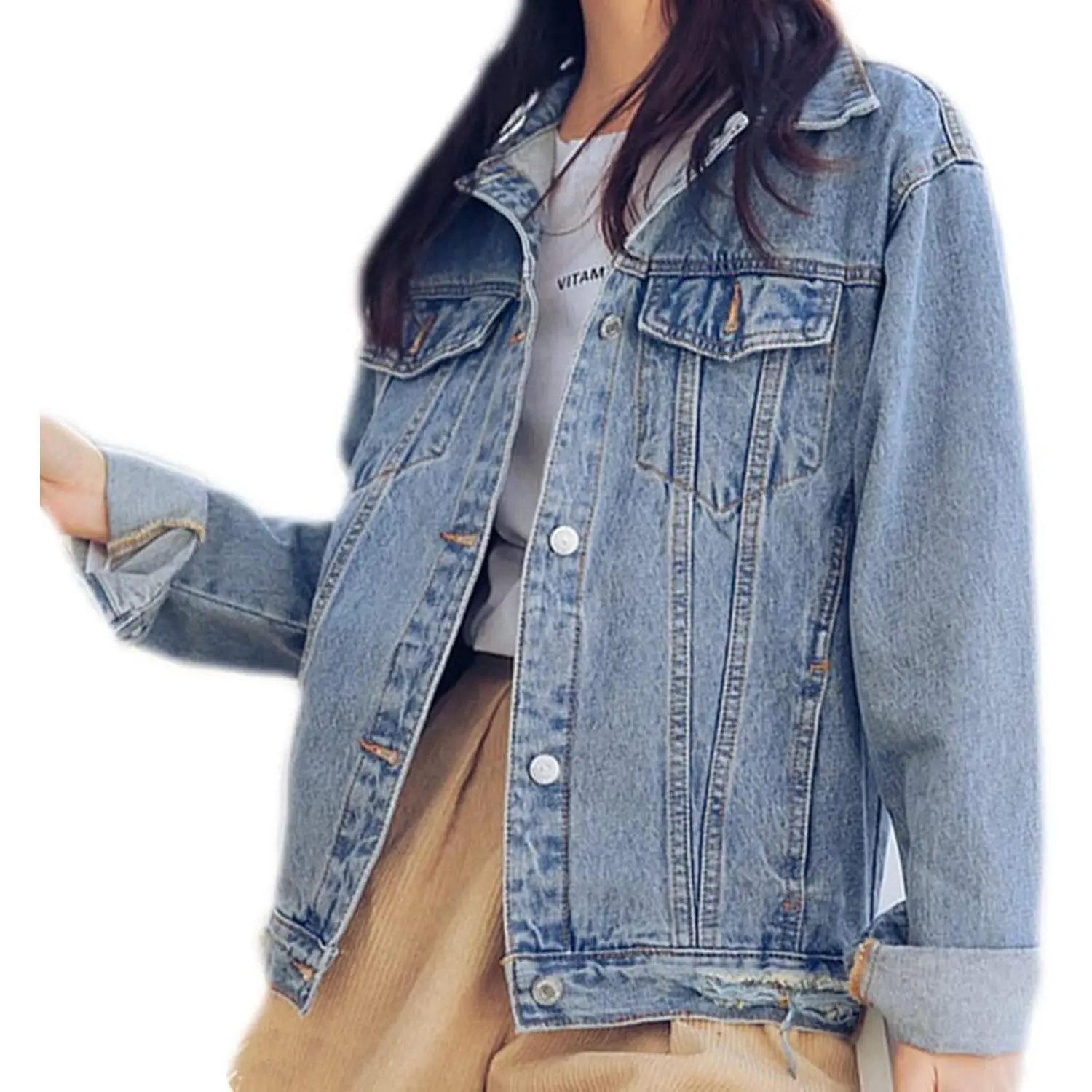 Oversized Distressed Denim Jacket - Classic Boyfriend Jean Coat Trucker Jacket for Women Girls, Stylish and Comfortable Casual Outerwear
